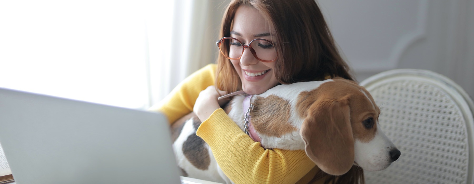 Woman looking at her computer and holding a dog